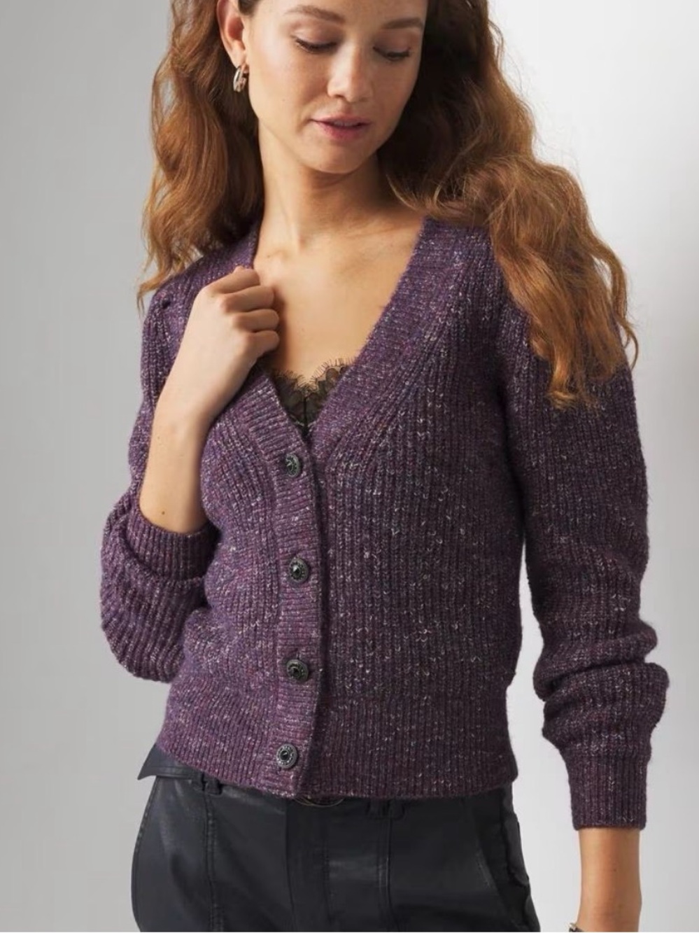 WHBM Purple Plum Heathered Ribbed Knit Cropped Cardigan Sweater Jewel Buttons XS